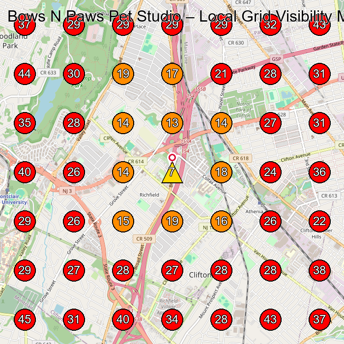 Bows N Paws Pet Studio GeoGrid visibility map for Pet Groomer in Upper Montclair